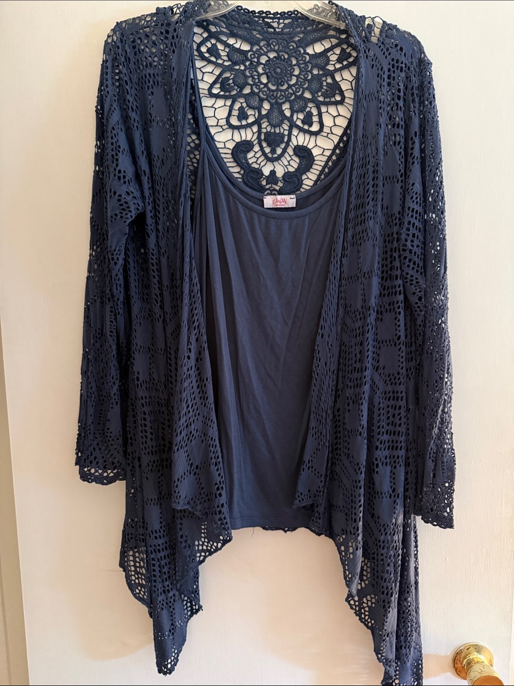 Lace-Back Open Front Navy Cardigan Sweater